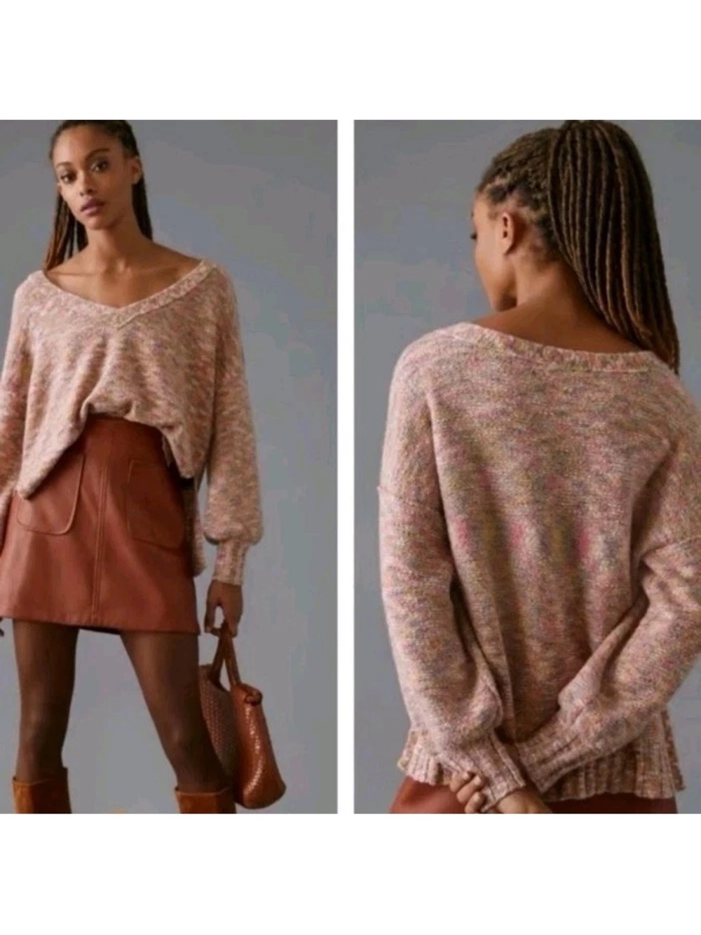 Pilcro Deep V Sweater Cropped Slits Marled Knit Pullover Pink Crop Cream Size L